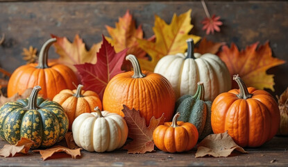 Close-up of assorted pumpkins, gourds, and autumn leaves on a wooden surface, cozy harvest theme, no faces visible, stock photography style