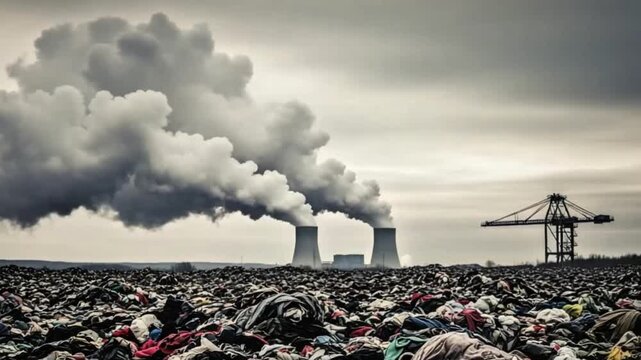 Massive textile waste landscape with industrial pollution