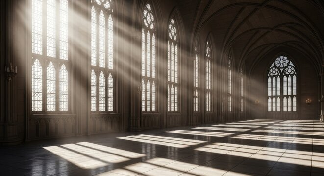 Grand Hall with Sunlit Arched Windows and Dramatic Light Beams