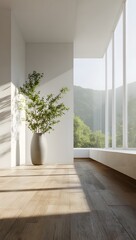 Fototapeta premium Minimalist interior design of an empty room with large windows, wooden floor, and a decorative plant