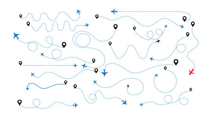 Airplane flight path vector illustration with dotted route lines, pin markers and start-to-destination trace.