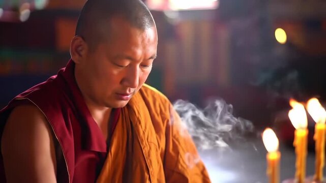 Peaceful Buddhist Monk Contemplation & Candlelight in Spiritual Setting