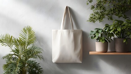 Blank white tote bag mockup hanging on a concrete wall with green plants, perfect for sustainable branding and eco-friendly product display