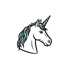 Unicorn head with blue mane isolated on transparent background