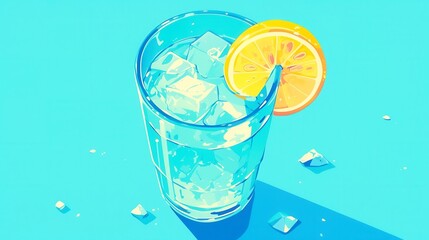 Refreshing beverage in bright blue setting, glass filled with ice and lemon slice, perfect for summer vibes and relaxation.