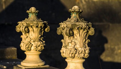 Ornate Stone Urns, Cemetery, Sunset Light