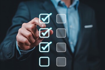 Man in suit pointing at digital checklist with completed and incomplete tasks on dark background