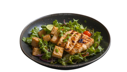 Fresh Salad with grilled Chicken and Tofu in Bowl isolated on white and transparant background.