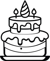 "Birthday Cake Icon – Outline Layered Dessert with Candles, Drip Icing, and Party Hat"
