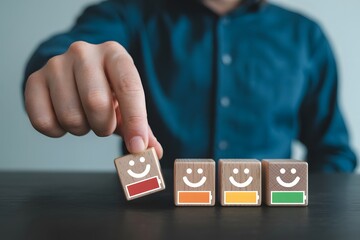 Person placing a wooden block with a red battery and smiley face next to other blocks rating