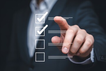 A hand in a suit pointing at a digital checklist with the top two boxes marked with checkmarks