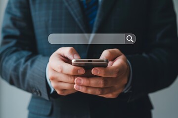 A person in a suit holding a smartphone with a search bar overlayed on the image above it all