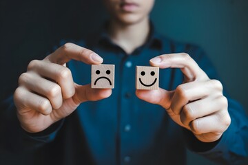 Person holding wooden blocks with a sad face and a happy face in their hands against dark background