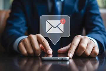 Man in suit holding smartphone with email notification icon above it on a dark brown surface