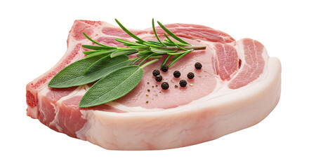 Raw pork chop with herbs, white background isolated