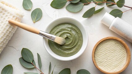 A handmade facial cosmetic mixture made of green clay is displayed in a bowl beside eucalyptus leaves and a soft towel. Natural beauty preparation is emphasized in this serene environment