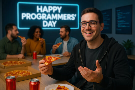 Programmers Day Office Party with Friends Eating Pizza and Neon Sign Background