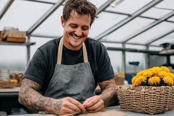 Fototapeta premium Smiling tattooed man working in a greenhouse with a basket of yellow flowers, demonstrating the joy and creativity of gardening and small business craftsmanship, indoor agriculture setting.
