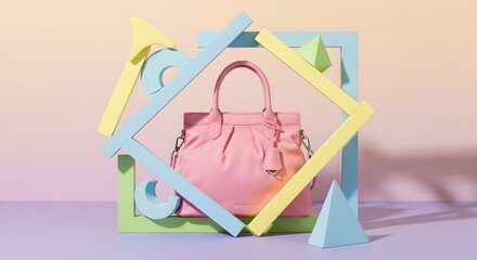 Modern fashion concept featuring a stylish pink handbag framed by colorful abstract geometric shapes on a pastel background
