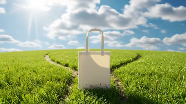 Beige tote bag in green field under sunny sky