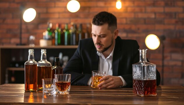 Man in suit drinking alone at bar