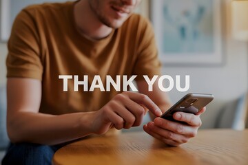 A man using a smartphone with the words thank you superimposed on the image in white letters