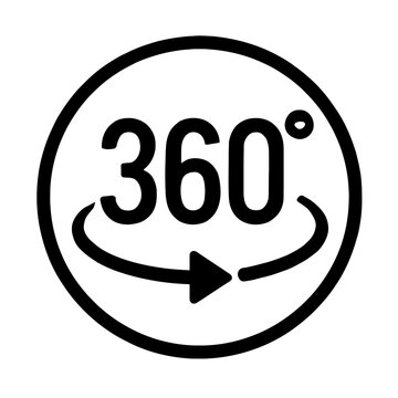 Vector graphic illustration of a 360-degree symbol with a rotation arrow, representing a full view, immersive experience, or complete cycle.