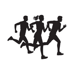 Silhouette of a group of three people running together, representing fitness and marathon training, vector illustration