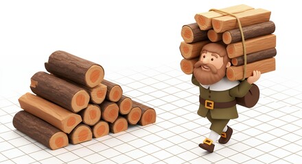 Illustration of a lumberjack figure carrying wooden logs on their back with an isolated background