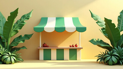 Minimalist 3D market stall with green and cream striped canopy tropical banana leaves eco friendly organic theme