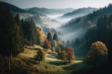 Misty mountain valley, autumn colors