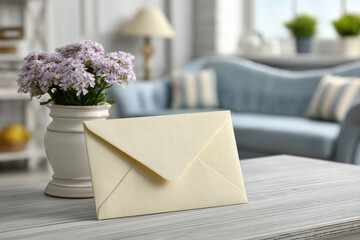 mail envelope featuring blurred street address with white text bars creating soft aesthetic