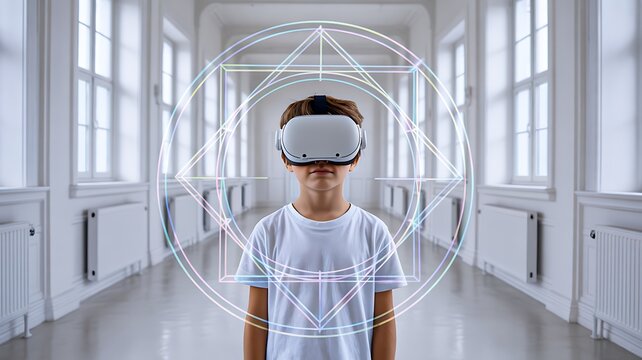 Boy wearing virtual reality headset in futuristic digital environment with geometric shapes
