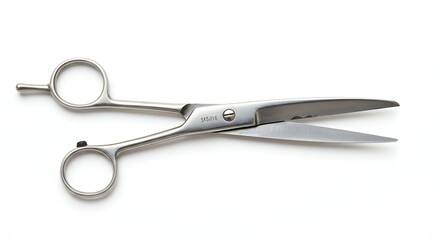 Obraz premium Professional Steel Hair Cutting and Thinning Shears on a Clean White Backdrop