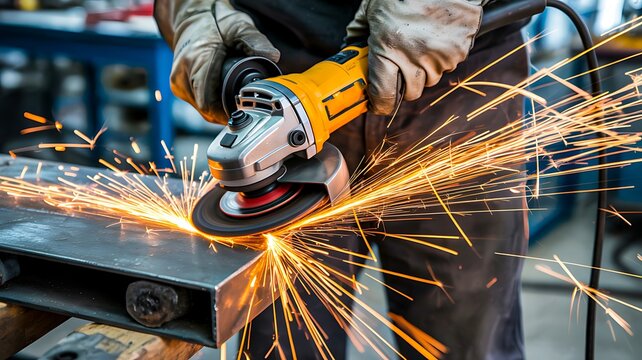 Worker using angle grinder with sparks in metal workshop industry
