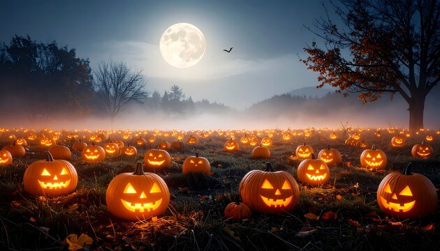 Spooky pumpkin field at night under a full moon - Powered by Adobe