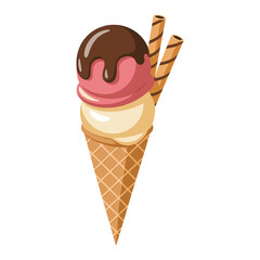 Delicious two-scoop ice cream cone with chocolate syrup and wafer sticks, a perfect summer dessert, vector illustration