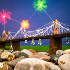 Model bridge with fireworks, water drops, and pebbles