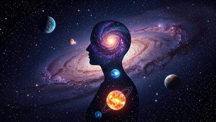 An ethereal collage illustrates the relationship between the human mind and the universe, blending cosmic elements with a silhouette of a person, showcasing mental health themes