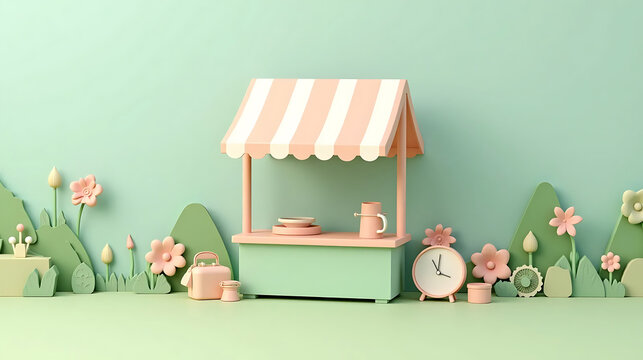 Minimalist 3D market stall with pastel mint and peach striped canopy fairytale meadow fantasy background