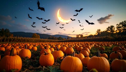 Spooky pumpkin patch at twilight. Bats fly near crescent moon
