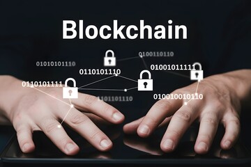A concept of blockchain with hands and digital locks connected by lines over a dark background
