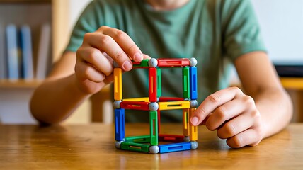 Child playing with colorful magnetic toy blocks building creative cube structure
