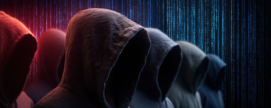 row of hooded figures stands against a backdrop of streaming digital code, evoking themes of anonymity and the digital age.