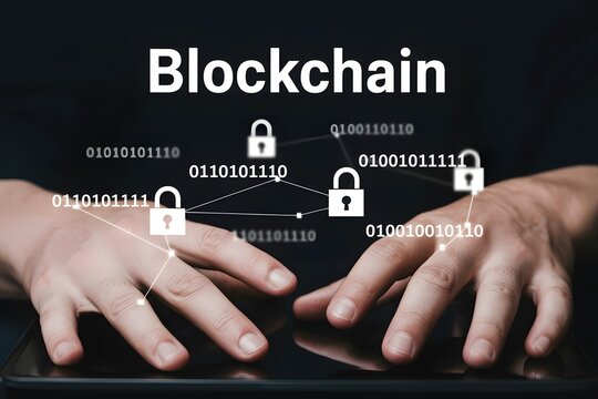 A concept of blockchain with hands and digital locks connected by lines over a dark background