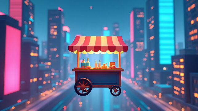 Minimalist 3D market stall with rainbow striped canopy floating above futuristic city skyline neon lights