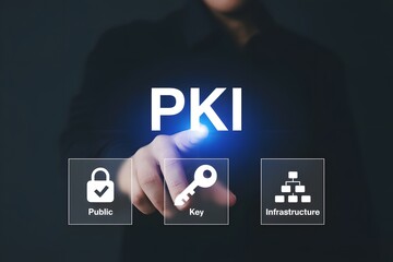 Person touching pki interface with public key and infrastructure options on a digital display