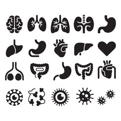 A comprehensive collection of black flat icons representing human internal organs like the brain, heart, and lungs, vector illustration