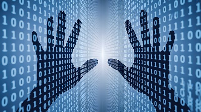 Digital hands with binary code in technology background
