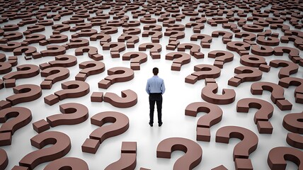 Man standing in maze of question marks thinking about decision
